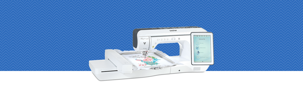 XP1 Sewing and Embroidery Machine on a blue pattern background 