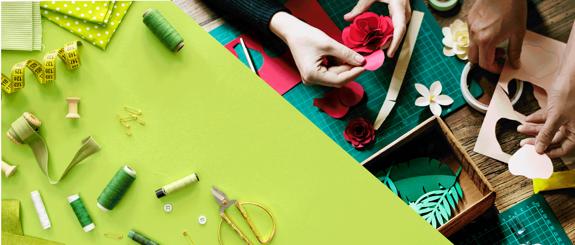 Hands being creative with paper and sewing materials on bright green