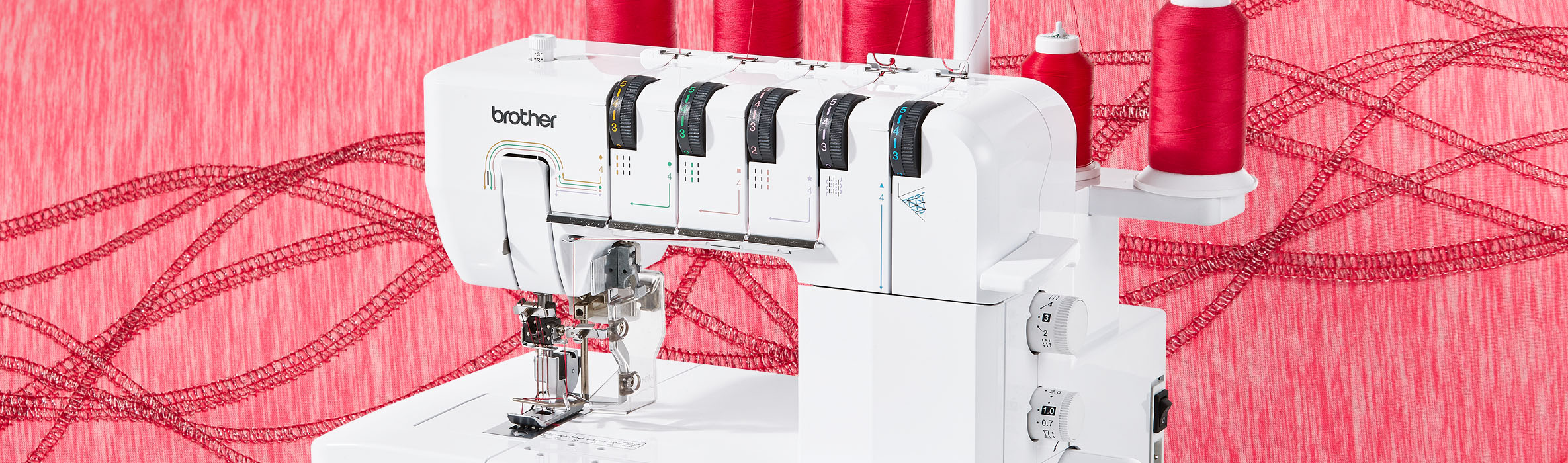 CV3550 coverstitch machine and coverstitch logo on a pink background