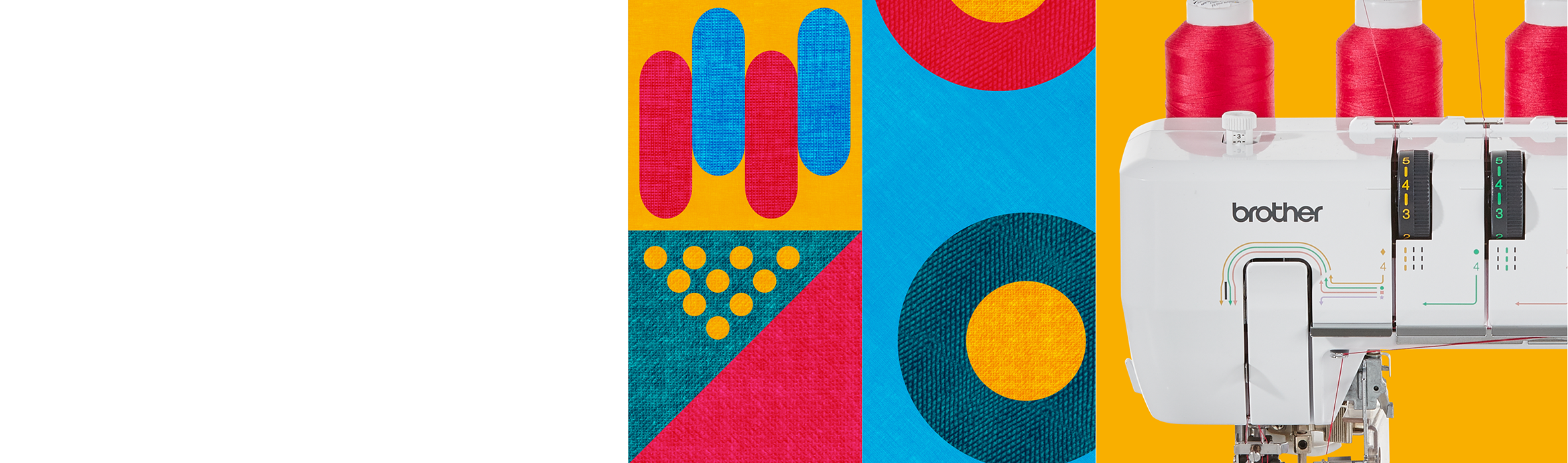 Macchina per cucire in primo piano su sfondo con motivo multicolore