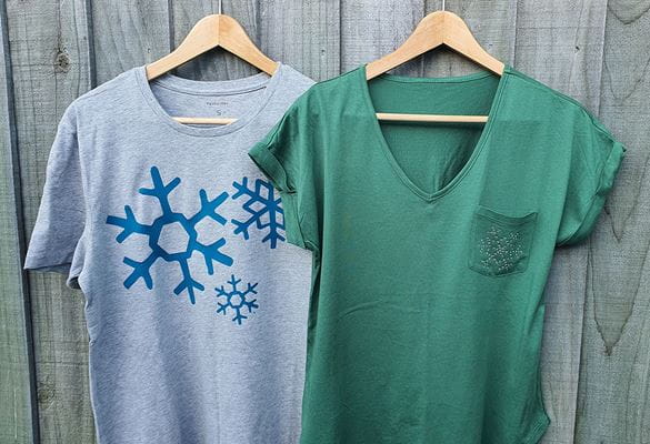 Grey and green snowflake t-shirts
