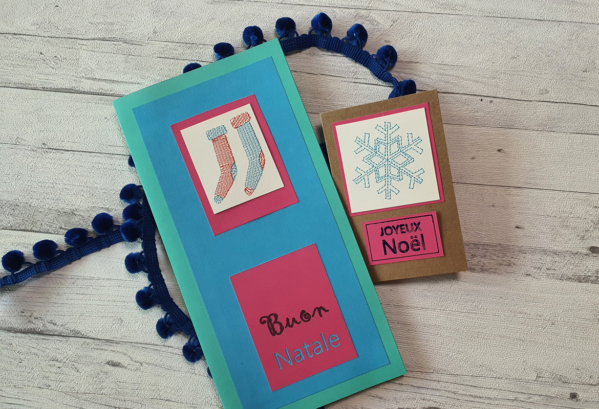 Embroidered stocking and snowflake Christmas cards