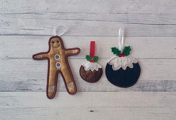 Appliqued gingerbread man and Christmas pudding ornaments