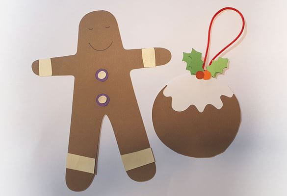 Paper gingerbread man and Christmas pudding ornaments