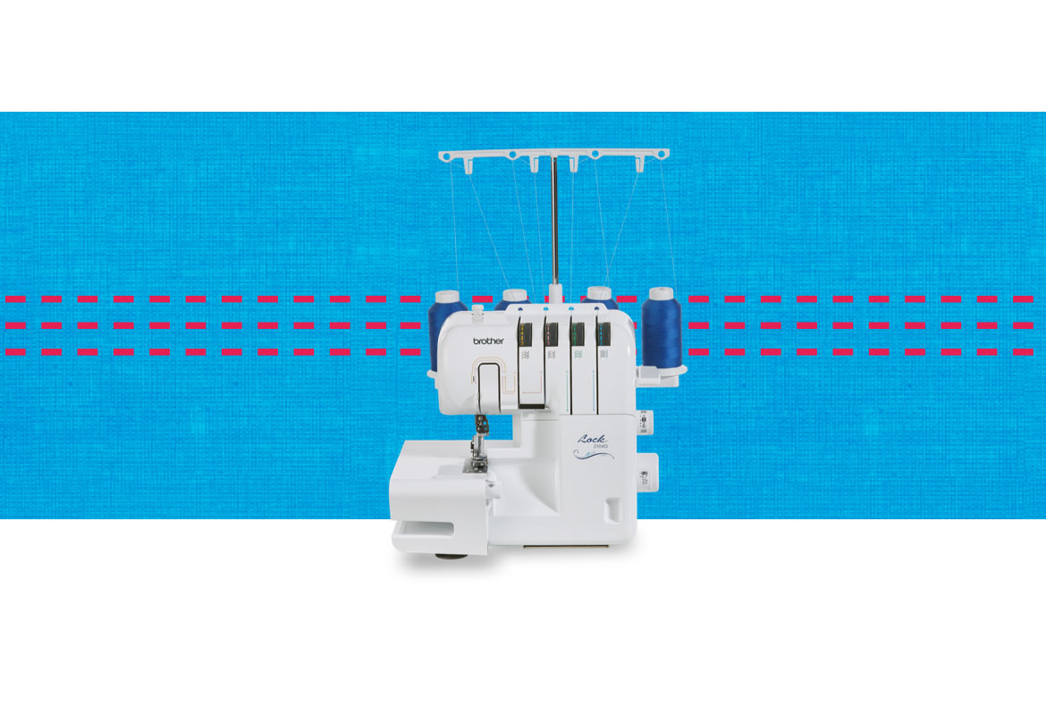 2104D overlocker machine on a blue pattern background