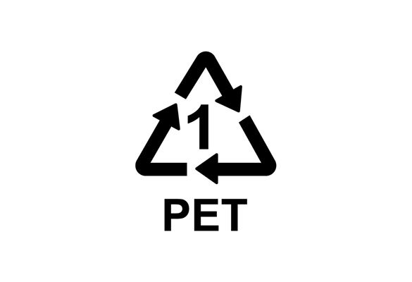 Segno di riciclaggio nero con un numero uno e la parola PET