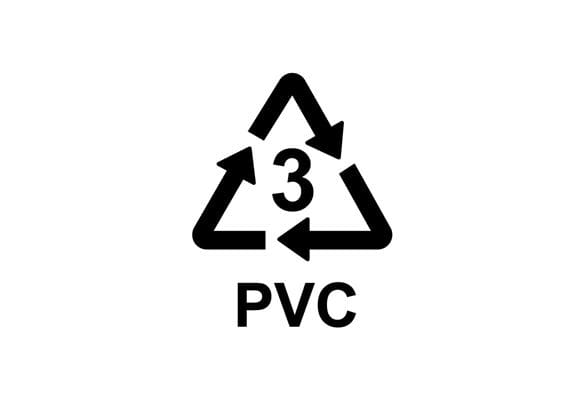 Segno di riciclaggio nero con un numero tre e la parola PVC