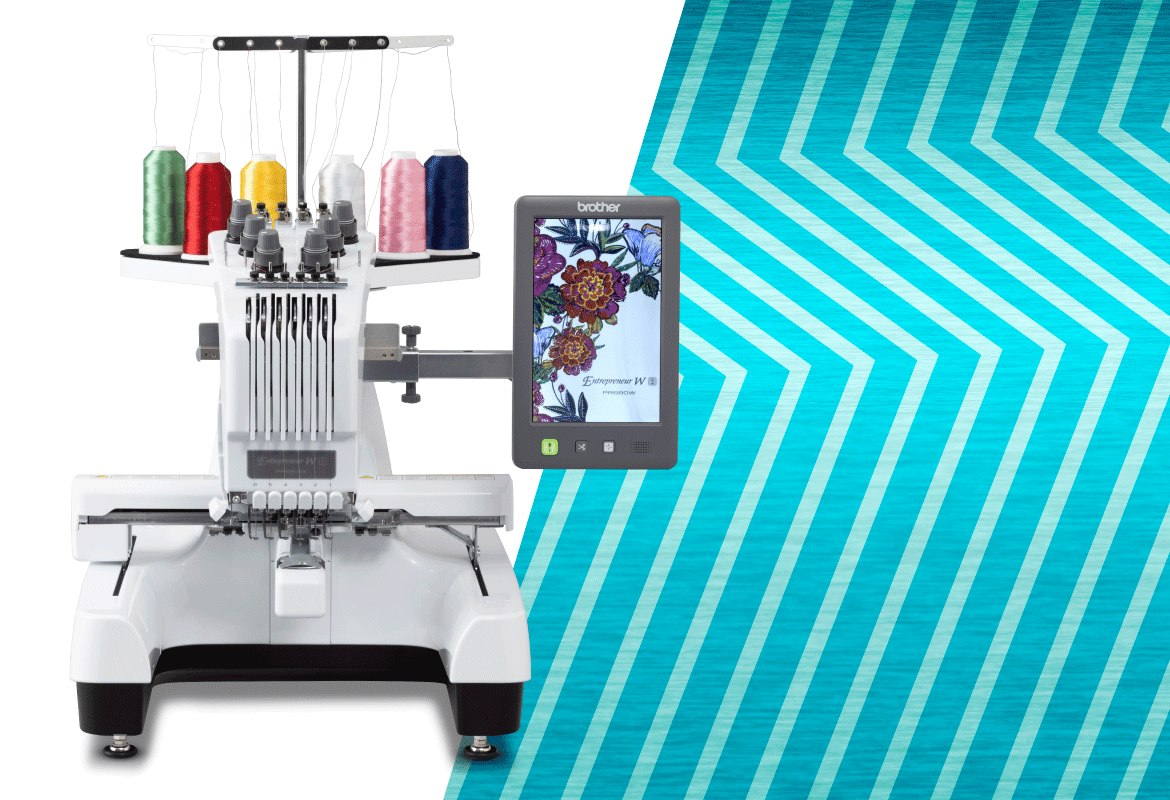 Brother PR680W embroidery machine on blue background