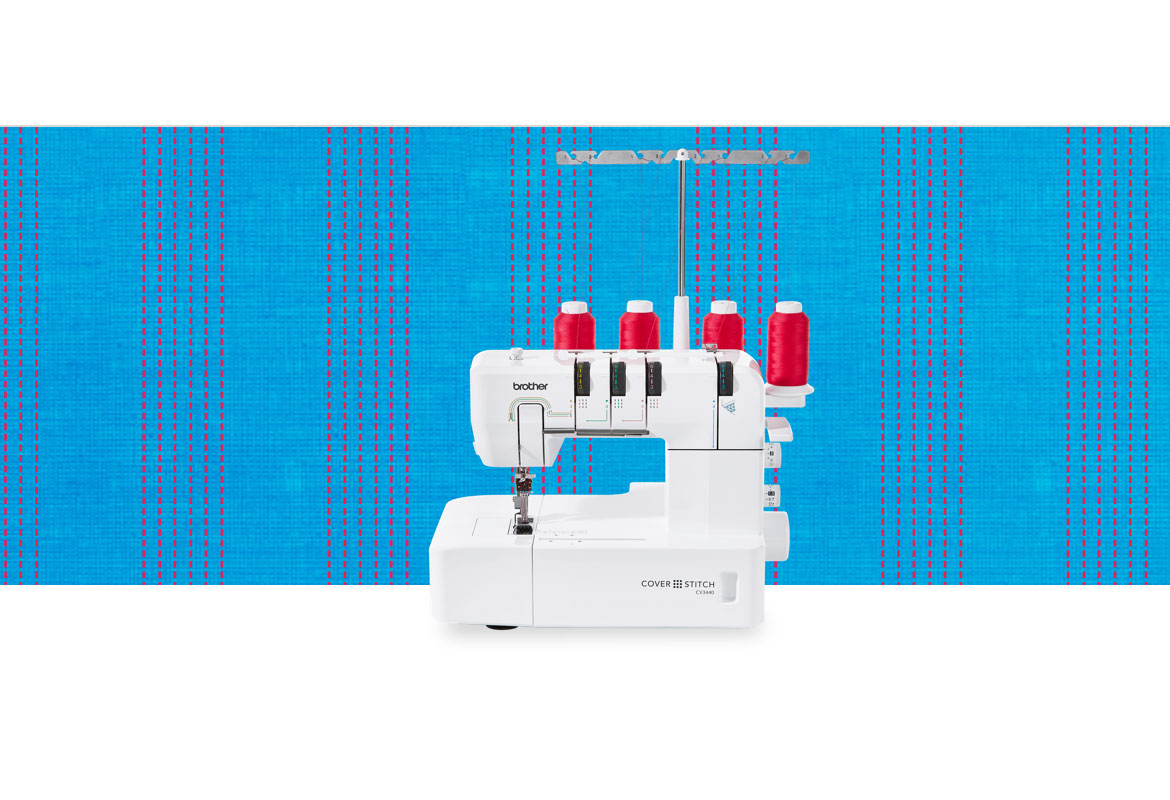 CV3440 coverstitch machine on a blue pattern background
