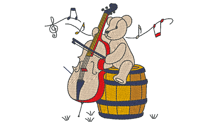 Stickmuster eins Bären, der auf einem Fass sitzt und Geige spielt