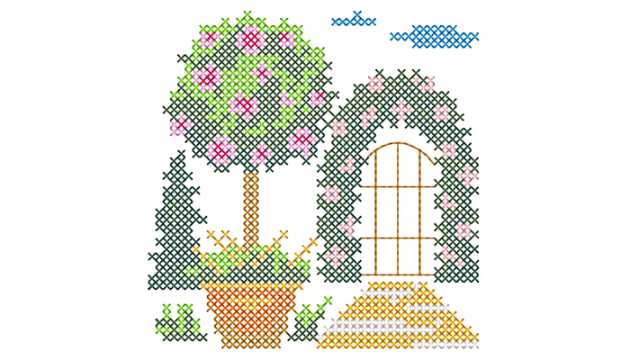 Free handmade looking cross stitch embroidery of a garden