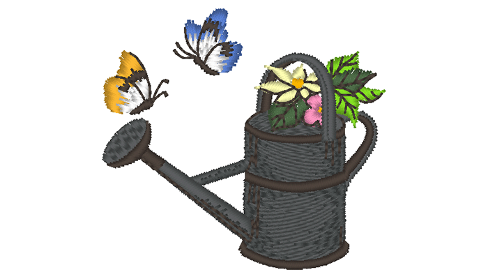 Embroidery pattern of watering can and two butterflies