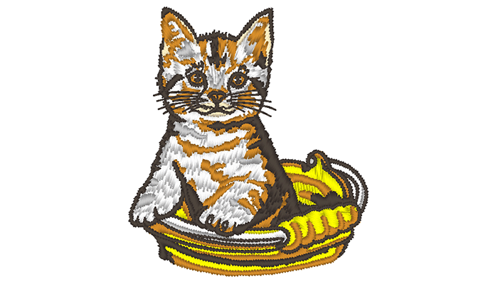 Embroidery pattern of kitty in a basket