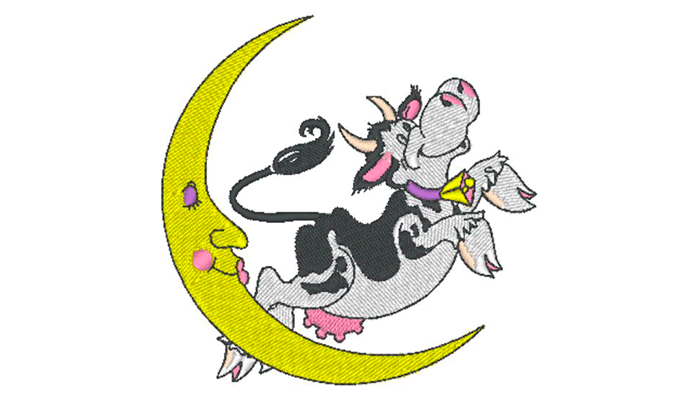Бело-чёрная корова прыгает над рисунком вышивания желтой луны
