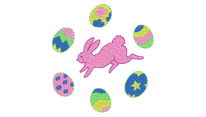 Розовый кролик в окружении разноцветных пасхальных яиц