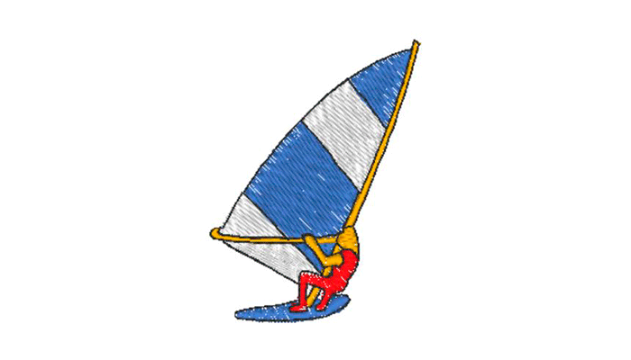 Blauwe en witte windsurf met windsurfer in rood borduurpatroon