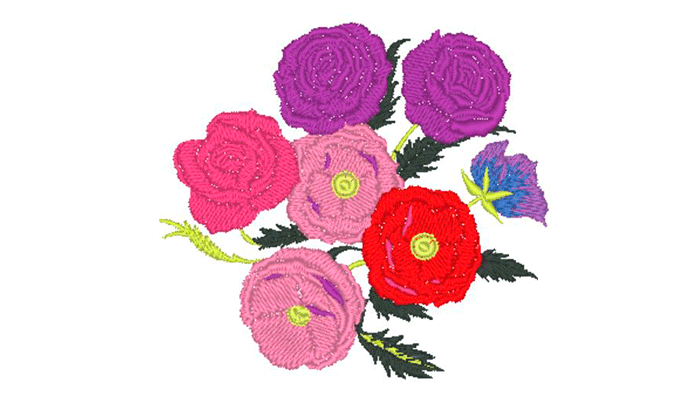Motivo ricamato mazzo di fiori rosa, rosa e viola