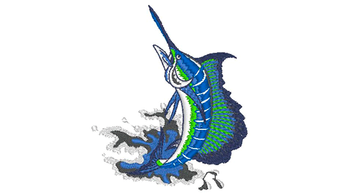 Вышивка голубыми тонами меч-рыбы