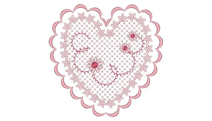 Modello di ricamo cuore rosa su sfondo bianco