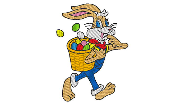 Modello di ricamo del coniglietto di Pasqua con un cesto pieno di uova