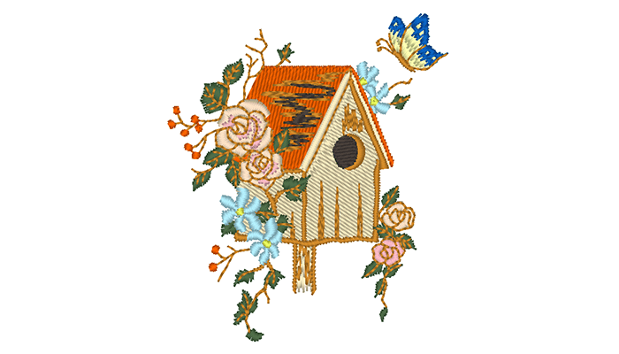 Farbenfrohes Vogelhaus Stickmuster auf eißem Hintergrund