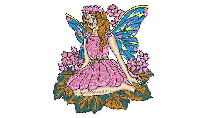 Embroidery pattern of fairy in pink dress sitting on a leaf