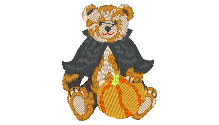 Borduurpatroon van een beer met een zwarte cape en een pompoen