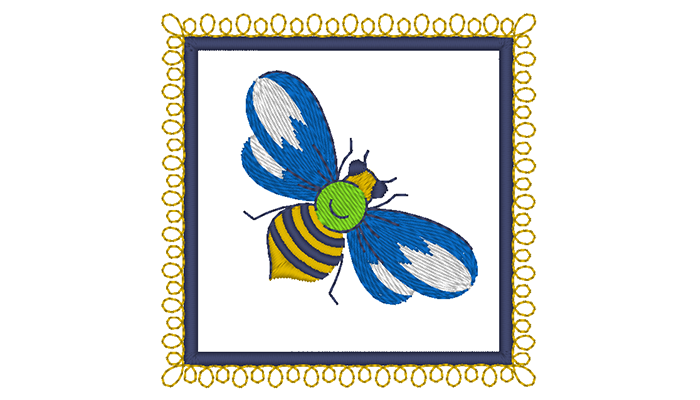 Embroidery pattern of a bee in a frame