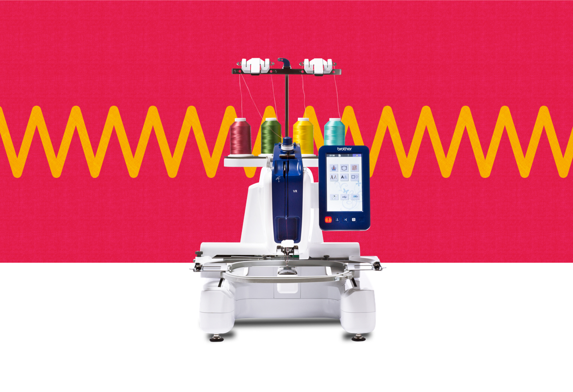 VR embroidery machine on a red and orange pattern background