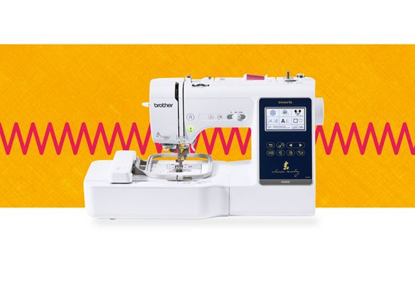 M280D sewing and embroidery machine on an orange and red background