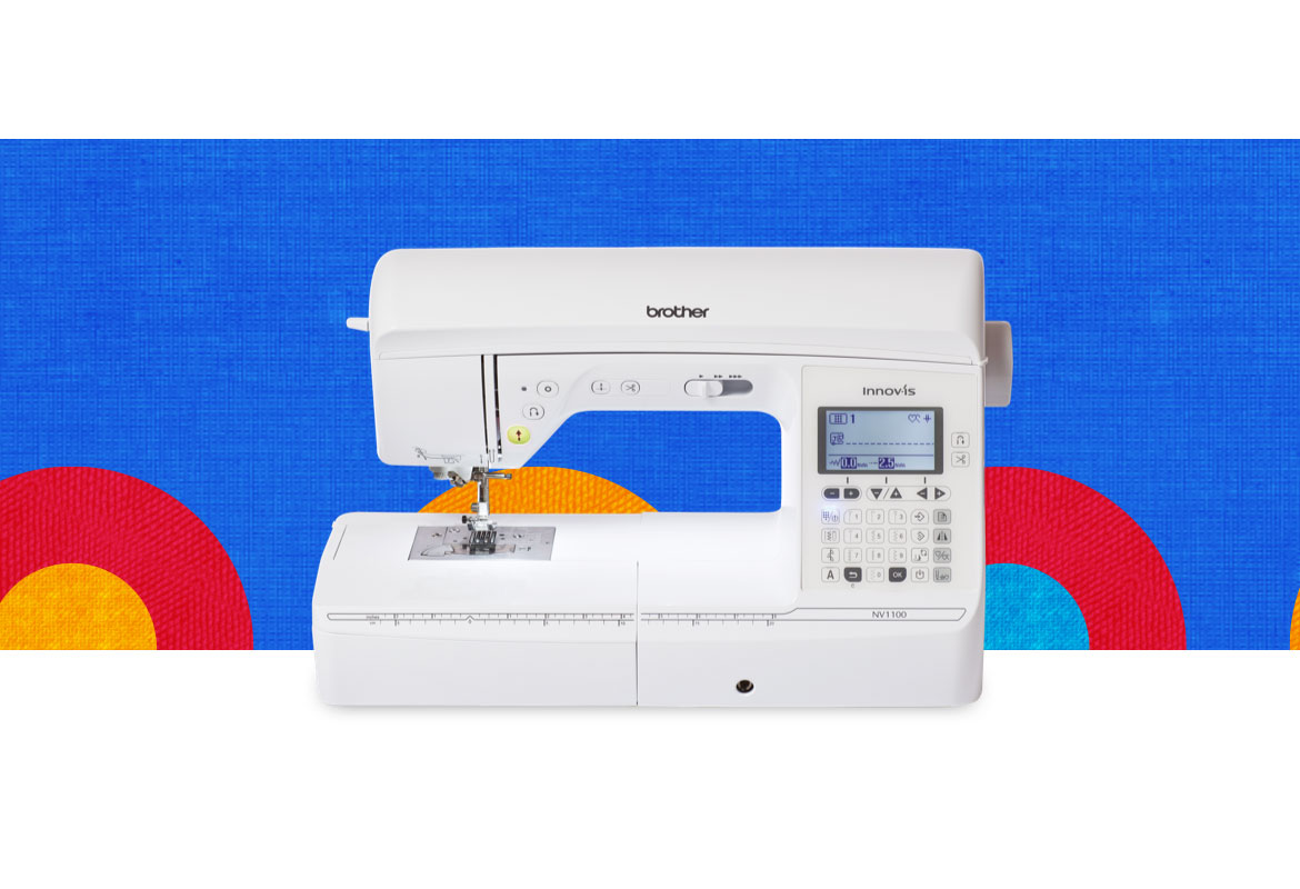 Швейная машина NV1100 на синем фоне с разноцветными кружочками