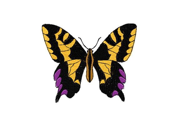Bold purple, yellow and black embroidered butterfly