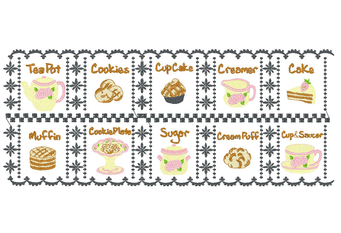 Stickerei-Läuferentwurf mit Teekannen, Keksen und Muffins
