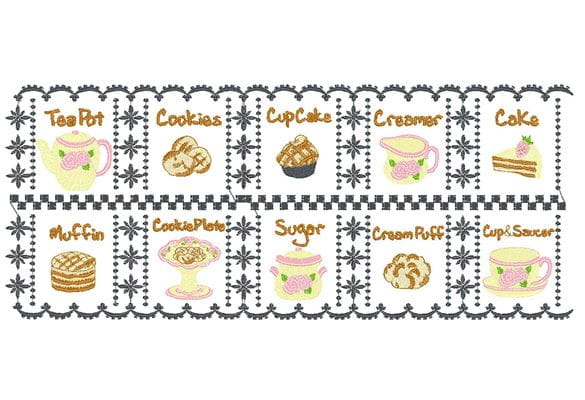 Embroidery runner design with teapots, cookies and muffins