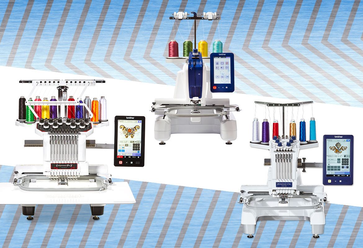 Brother embroidery machines on light blue zigzag background