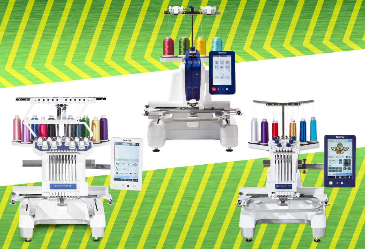 PR1055X PR670E VR embroidery machines on green zigzag background