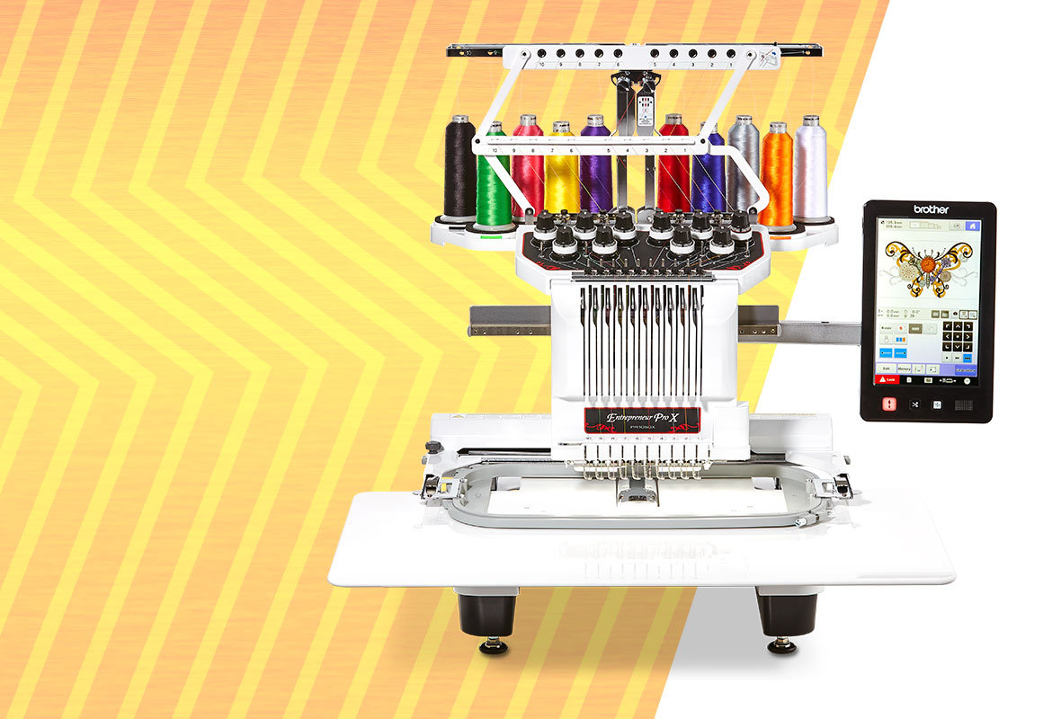 PR1050X-Stickmaschine auf Gelbem Zickzack-Hintergrunder