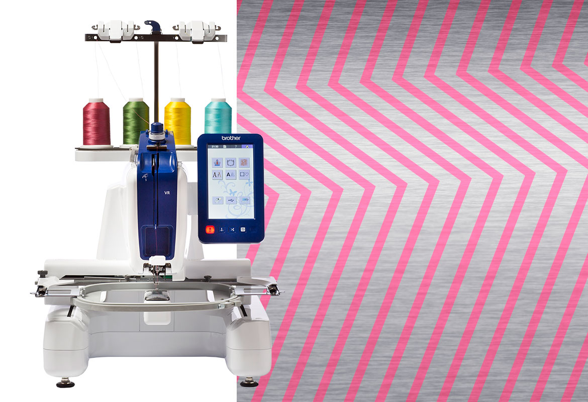 VR-Stickmaschine auf Rotem Zickzack-Hintergrunder
