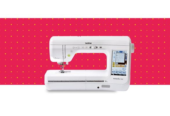 VQ2 sewing machine on a red pattern background 