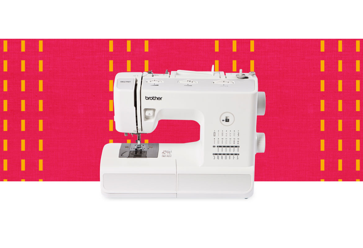 XR27NT sewing machine on a red backgrond with yellow stripes