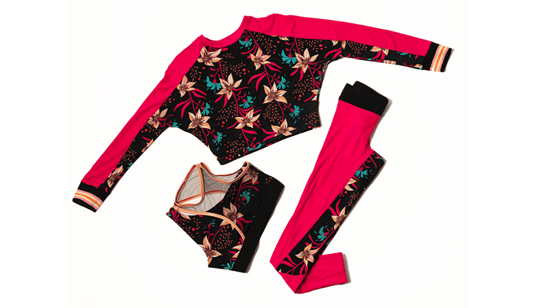 Tracksuit made of red and black fabric with flower pattern