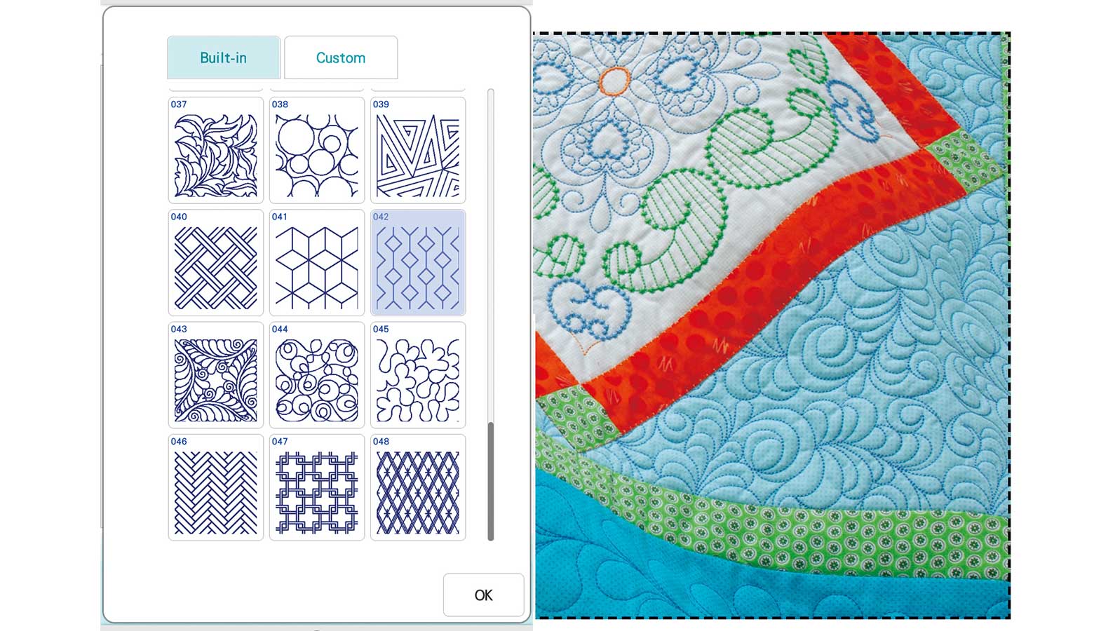Überblick über Fülldesigns und Beispiele, auf einem Quilt gestickt