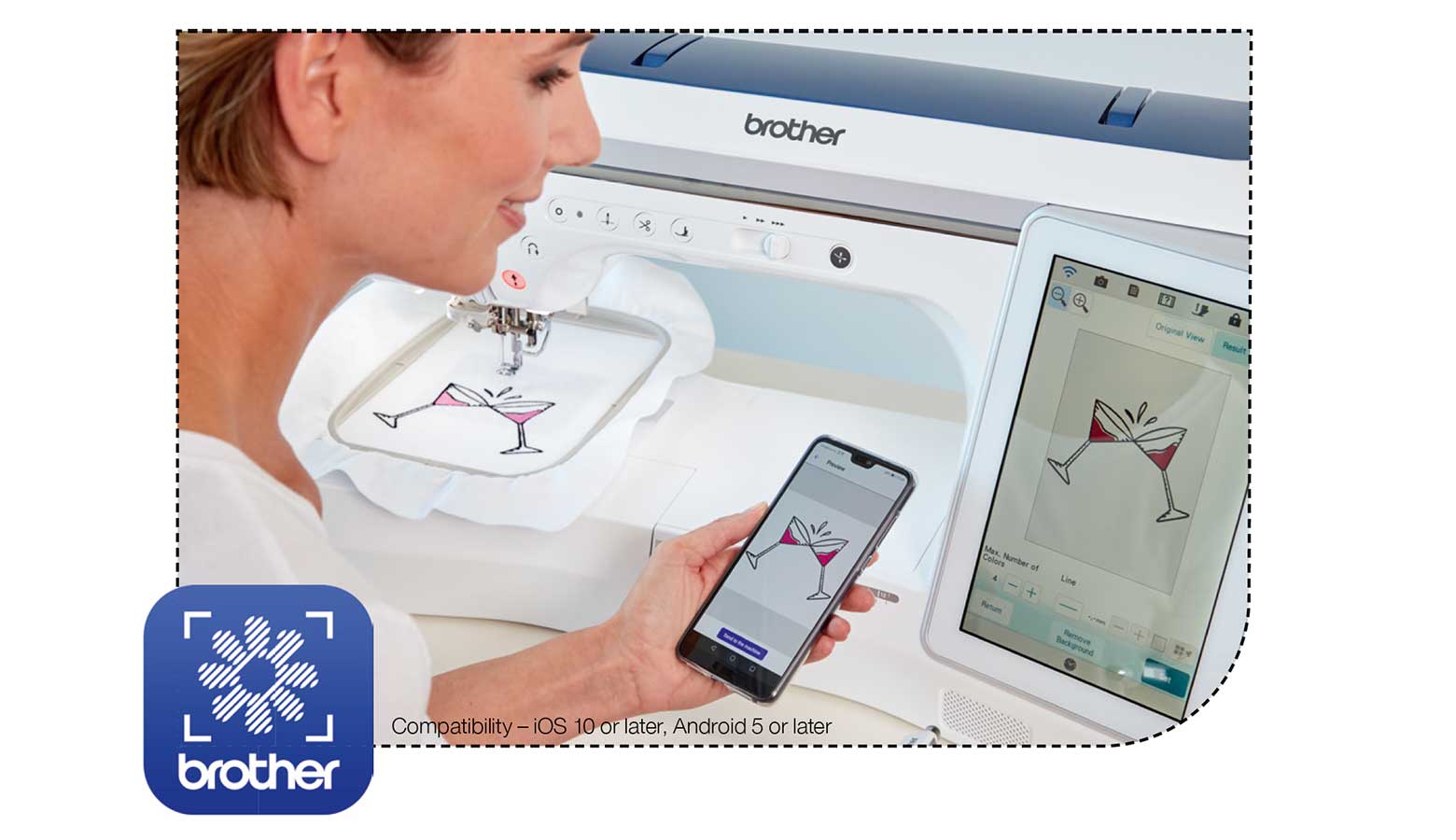 Woman in front of Embroidery machine holding smartphone
