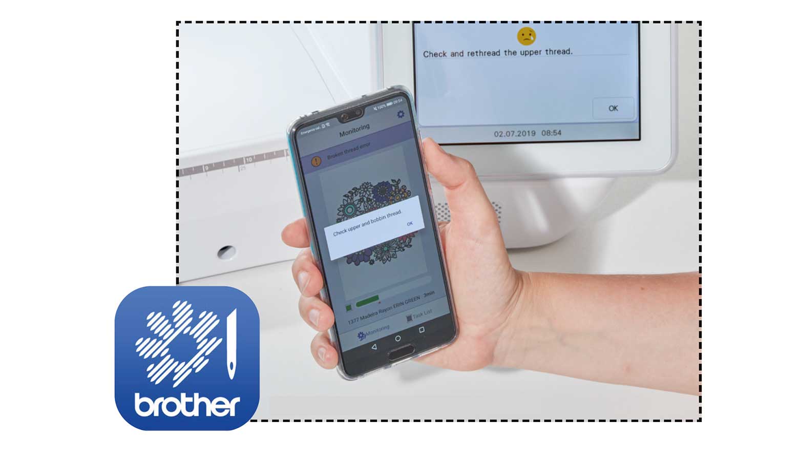 Holding smartphone with My Stitch Monitor app showing notification