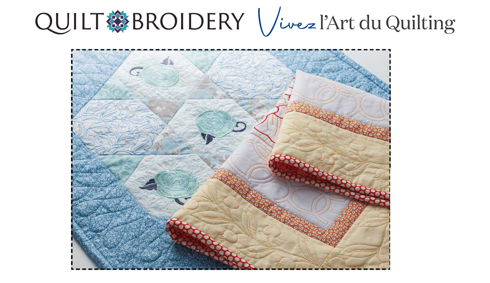 Quilt bleu et jaune sur fond blanc avec logo Quilt Broidery