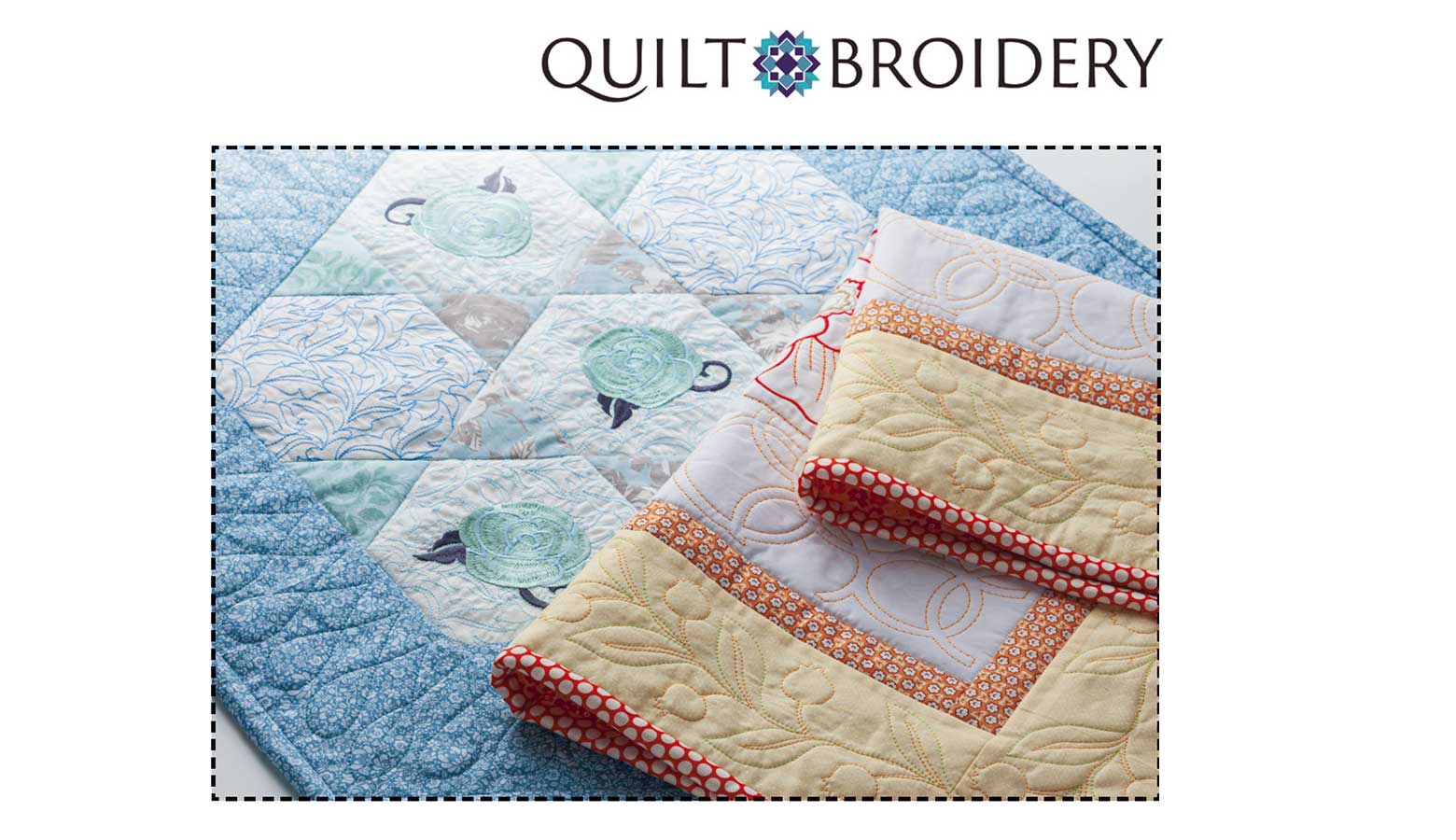 Blaue -gelbe Steppdecke auf weißem Hintergrund mit Quilt Broidery Logo