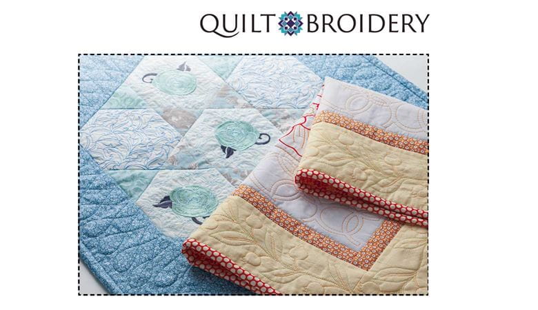 Blauwe en gele quilt op witte achtergrond met Quilt Broidery logo