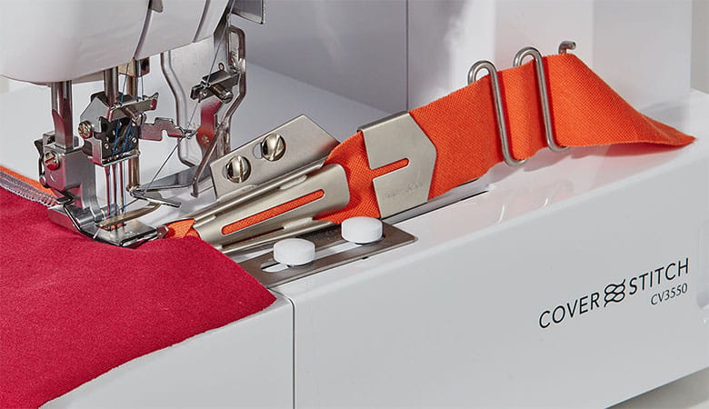 Close up of dual function fold binder of Brother CV3440/CV3550 coverstitch machine