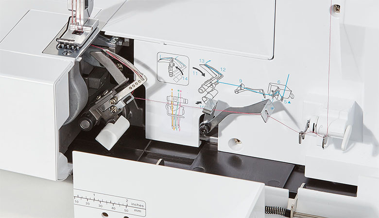Close up of the lower looper threading system of Brother CV3440/CV3550