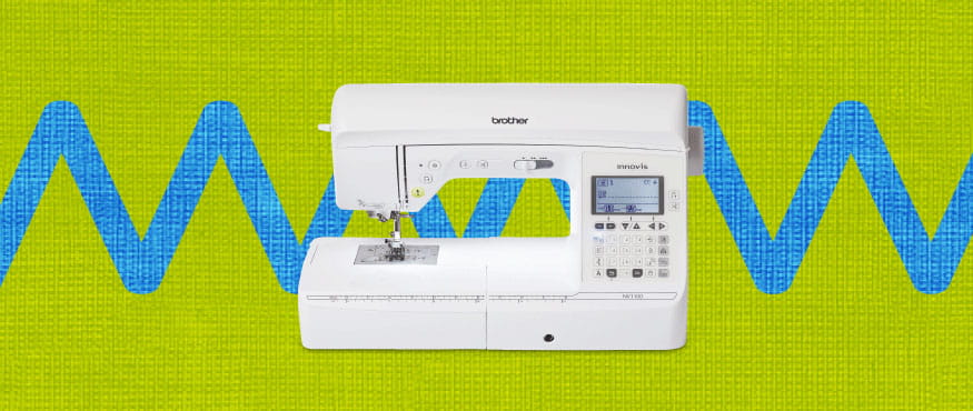 Brother sewing machine on lime green and blue zigzag background